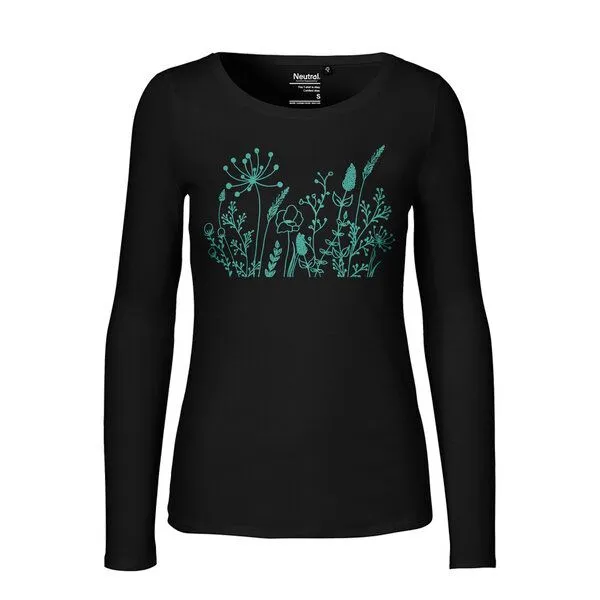 HANDGEDRUCKT HANDGEDRUCKT "Wilde Wiese" Frauen Longsleeve aus reiner Biobaumwolle (kbA), Black, – Produktbild 1 von 2