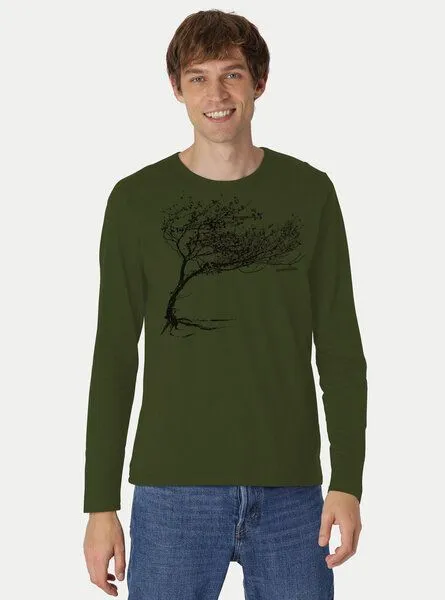 Peaces.bio - handbedruckte Biomode Peaces.bio - handbedruckte Biomode Bio-Herren-Langarmshirt "Windy Tree", Waldgrün, – Produktbild 2 von 3