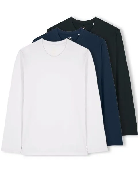 YTWOO YTWOO 3er Pack Unisex Basic Langarmshirts aus Bio-Baumwolle | Longsleeve | verschiedene Farbkombi | Mehrfachpack, Weiß-schwarz-navyblau, – Produktbild 1 von 4