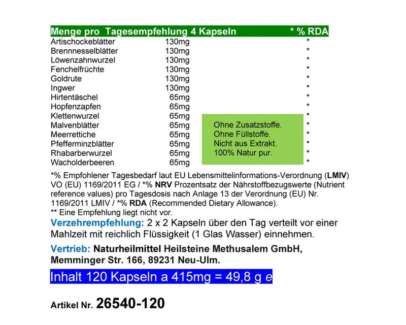 VitalLife Colon CleanOut 14 Kräuter + Bitterstoffe Komplex - Ohne Zusatzstoffe - Kapseln, 1 er Dose à 120 St., 49,8 g, Art. 26540-120 – Produktbild 5 von 5