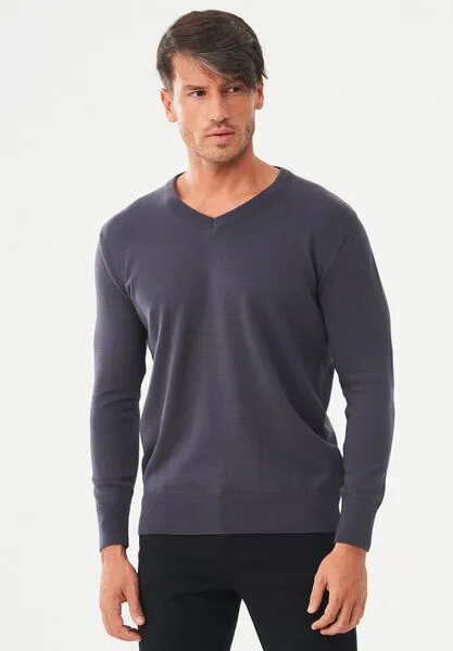 ORGANICATION ORGANICATION Pullover aus Bio-Baumwolle mit V-Ausschnitt, Asphalt, – Produktbild 3 von 3