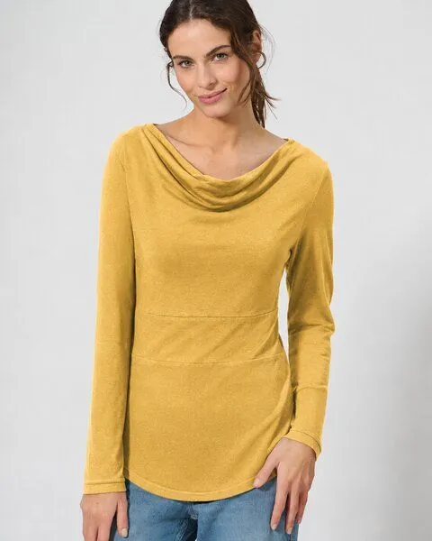 HempAge HempAge Damen Langarmshirt mit Wasserfallkragen Hanf/Biobaumwolle, Dijon gelb, – Produktbild 1 von 3
