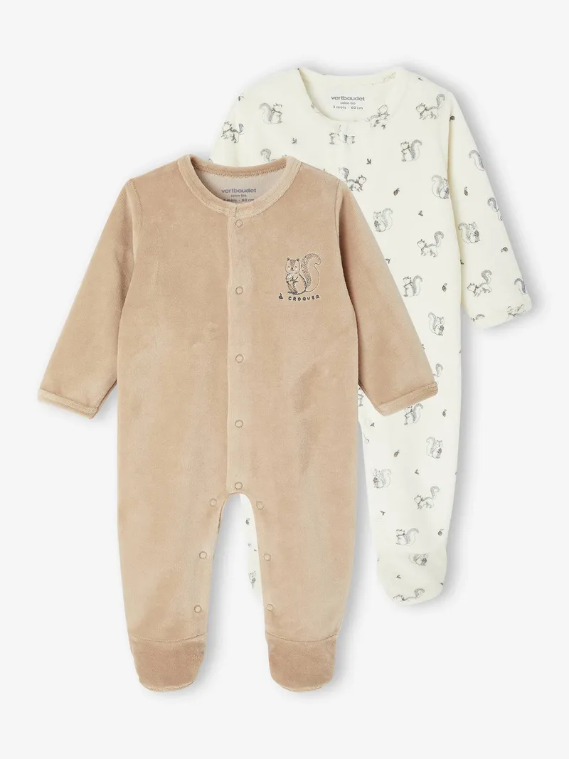 Vertbaudet 2er-Pack Baby Samt-Strampler mit Tier-Print, Beige, – Produktbild 1 von 3