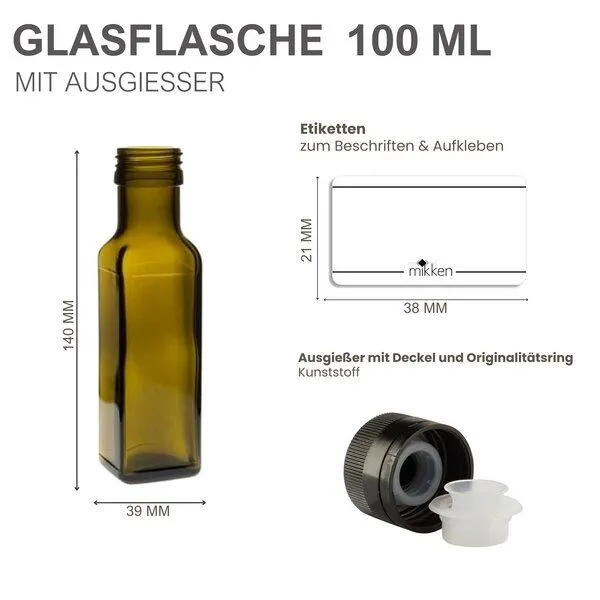 mikken mikken 6er Set Ölflaschen 100 ml - 750 ml mit Ausgießer braune / grüne Glasflasche mit Dosierer Dosierflasche inkl. 6 Etiketten – Produktbild 3 von 3