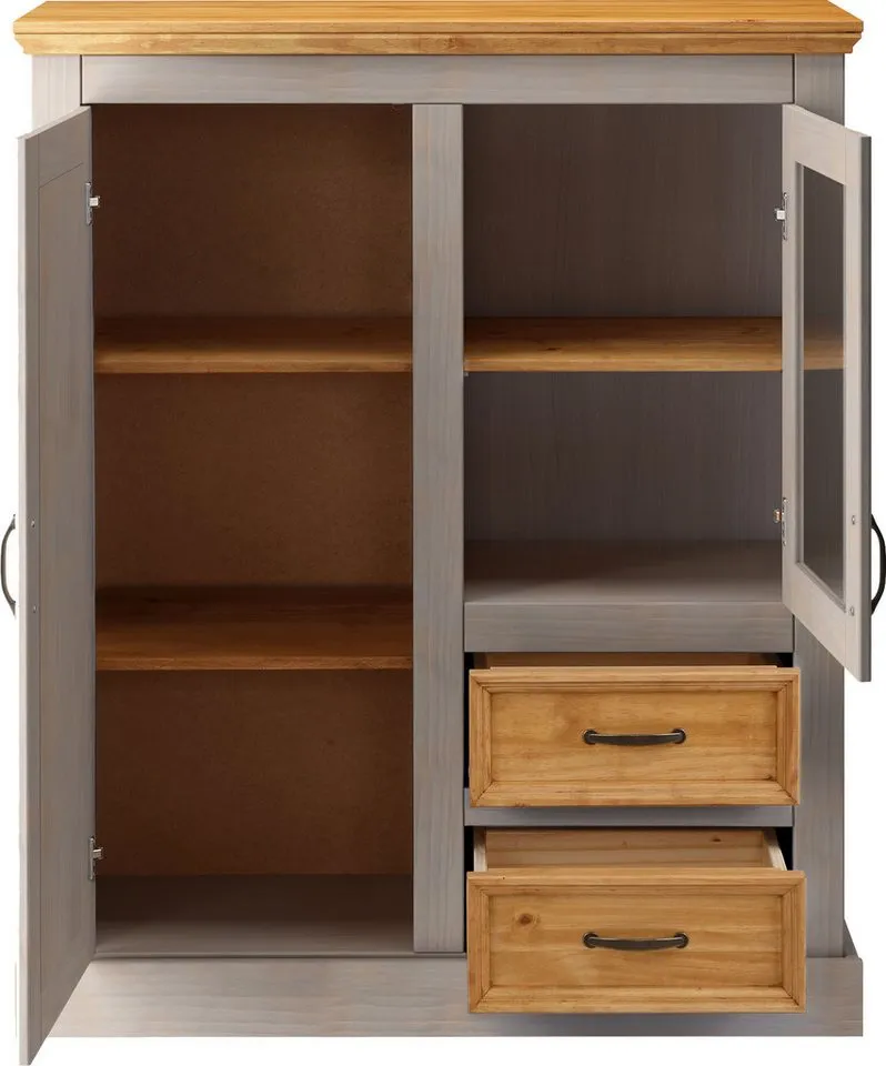 OTTO home Highboard Selma Vitrine mit 2 Türen, eine davon mit Glaseinsatz und 2 Schubläden, aus massivem Kiefernholz, mit einer natürliche Maserung, Metallgriffe, Grau, – Produktbild 5 von 5