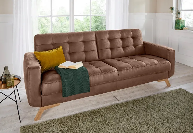 exxpo - sofa fashion 3-Sitzer Fiord, aktuelles Design, tolle Detailverarbeitung im Sitz und Rücken, bequem, wahlweise Kippcouch mit Bettfunktion und Bettkasten, Holzfuß, Braun, – Produktbild 1 von 5