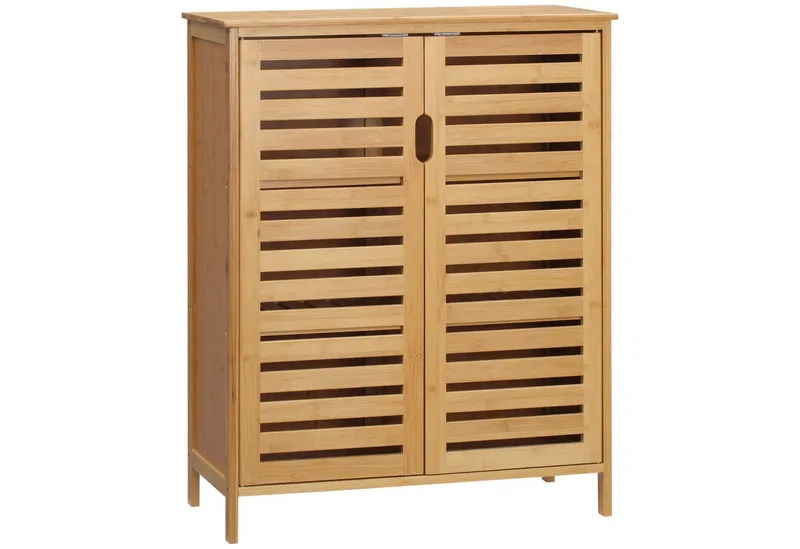 kleankin kleankin Badkommode Badezimmerschrank, Badschrank (Beistellschrank mit 2 Lamellentüren, Innenregalen, 1 St., Bambus Aufbewahrungsschrank für Badezimmer), 68 x 32 x 86 cm, Beige, – Produktbild 1 von 5