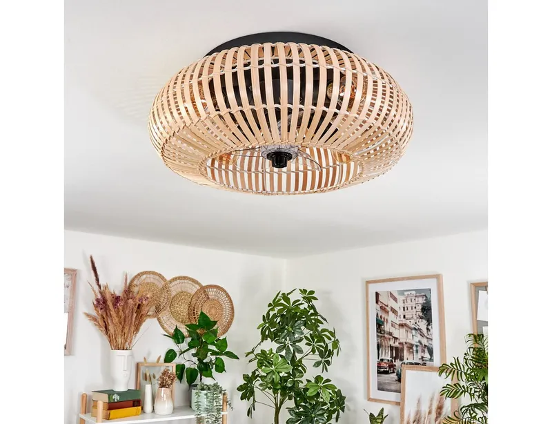 hofstein Deckenleuchte Deckenventilator mit Beleuchtung aus Metall/Bambus, mit Fernbedienung, ohne Leuchtmittel, Auf-/Abwind-Funktion, Lichteffekt, Ø 50cm, 4x E27, ohne Leuchtmittel, Beige|schwarz, – Produktbild 2 von 4