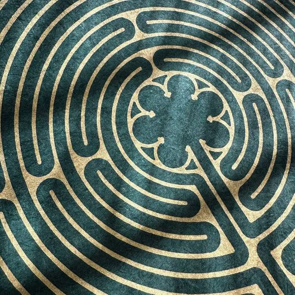 Veskor Cassiopeia Veskor Cassiopeia LABYRINTH VON CHARTRES der Kathedrale Notre-Dame Linoldruck | 40 × 40 cm | Gold auf Waldgrün – Produktbild 2 von 4