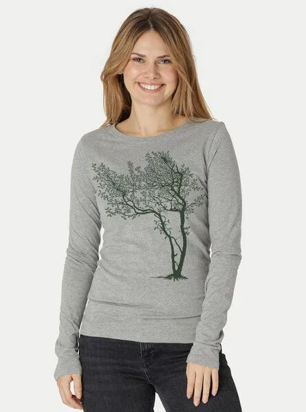 Peaces.bio - handbedruckte Biomode Peaces.bio - handbedruckte Biomode Bio-Damen-Langarmshirt "Fancy Tree", Hellgrau, – Produktbild 3 von 3