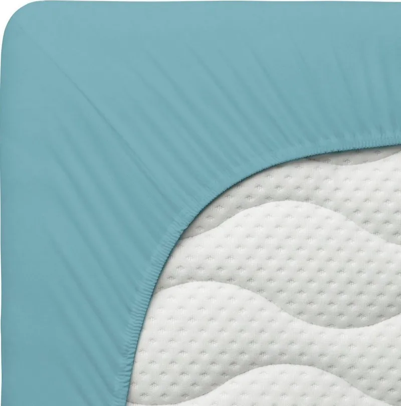 Schlafgut Schlafgut Spannbettlaken PREMIUM Mako-Zwirn-Jersey, 220 g/m², 95% Bio-Baumwolle, 5% Elasthan, Mako-Zwirn-Jersey, Gummizug: rundum, (1 Stück), Bettlaken bis 30 cm Höhe, PREMIUM-Qualität langlebig, perfekter Sitz, Blau, – Produktbild 4 von 5