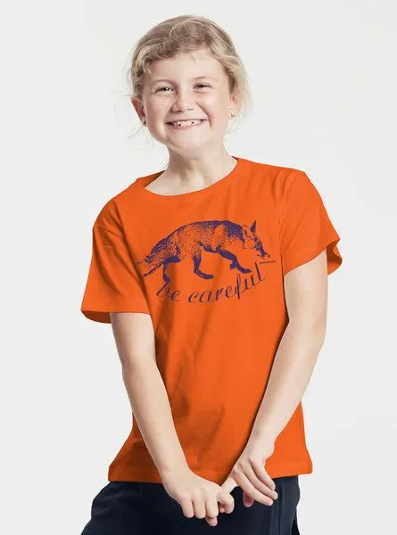 Peaces.bio - handbedruckte Biomode Peaces.bio - handbedruckte Biomode Bio-Kinder T-Shirt Be Careful, Orange, – Produktbild 2 von 3