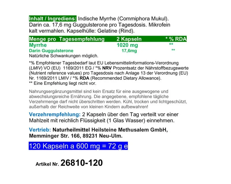 VitalLeben Guggul Indische Myrrhe reich an Guggulsteronen ohne Zusatzstoffe Kapseln, 1 er Dose à 120 St., 72 g, Art. 26810-120 – Produktbild 5 von 5