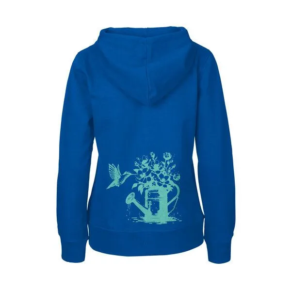 HANDGEDRUCKT HANDGEDRUCKT "Gartenfreude" Frauen Zip-HOODY aus reiner Biobaumwolle (kbA), Royal, – Produktbild 1 von 4