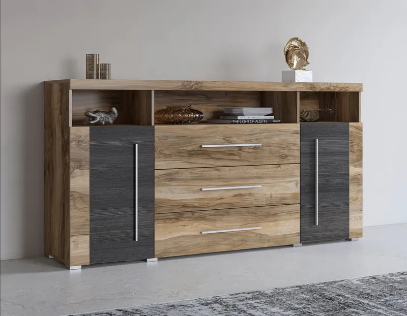 OTTO home Sideboard Roger,Breite 182cm, stilvolle Schrank, 2 Holztüren 3 Schubladen, Kommode mit viel Stauraum, Einlegeböden verstellbar, Braun, – Produktbild 1 von 5