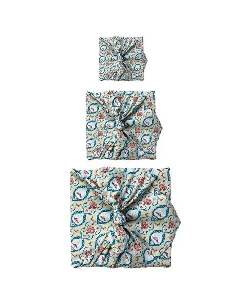 FabRap Gift Wrap FabRap Gift Wrap Wiederverwendbare Geschenkverpackung Furoshiki - Set mit drei Größen (einseitig), Teal (beige), – Produktbild 2 von 4