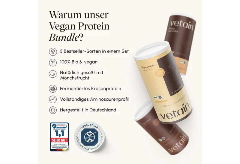 VETAIN Vegan Protein Bundle + Gratis Edelstahl Shaker & Scoop Pulver, 3 er Spar-Set à – Produktbild 3 von 5