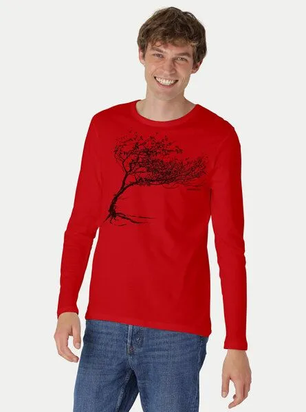 Peaces.bio - handbedruckte Biomode Peaces.bio - handbedruckte Biomode Bio-Herren-Langarmshirt "Windy Tree", Rot, – Produktbild 2 von 3