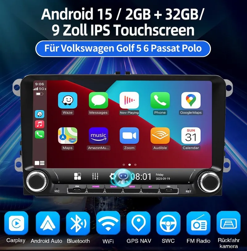 ESSGOO Für VW Golf 5 6 Plus Jetta Touran Caddy Tiguan Carplay Android 15 Autoradio (RDS, Digitalradio (DAB), FM, Carplay Android Auto Navi WIFI BT EQ), Schwarz, – Produktbild 2 von 5