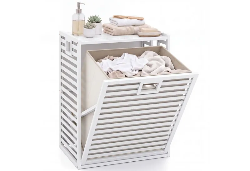 COSTWAY COSTWAY Wäscheschrank Wäschekorb 68 L mit kippbarem Fach & abnehmbarem Wäschesammler aus Bambus, 50 x 35 x 64 cm, Weiß, – Produktbild 1 von 5
