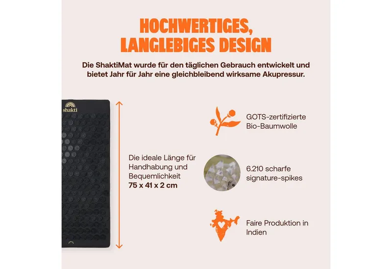 Shakti Mat Akupressurmatte Entspannung durch Akupressur - Faire Produktion, Bio-Baumwolle (Mit Matte und Kissen), Ethische Handarbeit, GOTS-zertifizierte Bio-Baumwolle, Schwarz, – Produktbild 7 von 8