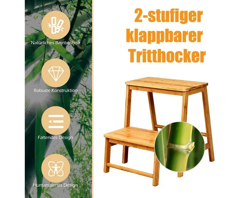 COSTWAY COSTWAY Klapptritt faltbar Klapphocker Holz, 2-Stufen, Bambus bis 100kg, 45x51x48cm, Beige, – Produktbild 3 von 5