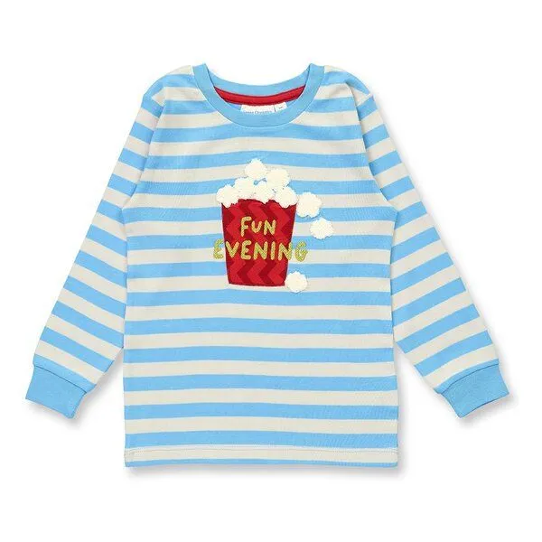Sense Organics Sense Organics Kinder Schlafanzug, Modell LONG JOHN, Blau-grau geringelt mit popcorn-applikation, – Produktbild 2 von 4