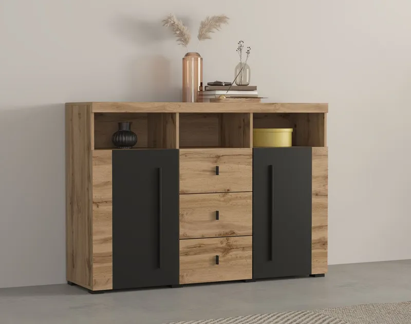 OTTO home Sideboard Roger,Breite 132cm, stilvolle Schrank, 2 Holztüren 3 Schubladen, Kommode mit viel Stauraum, Einlegeböden verstellbar, Beige|schwarz, – Produktbild 2 von 5