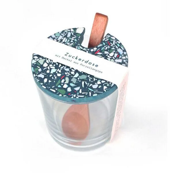 Objet Vague Objet Vague Zuckerdose, Glasdose Terrazzo inkl. Holzlöffel, Petrol, – Produktbild 1 von 2