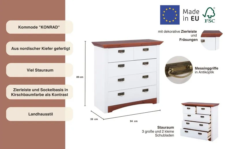 OTTO home Schubkastenkommode Konrad, Kommode, im Landhausstil, rustikal, Breite 94 cm, aus massiver, FSC®-zertifizierter Kiefer, Weiß, – Produktbild 7 von 8