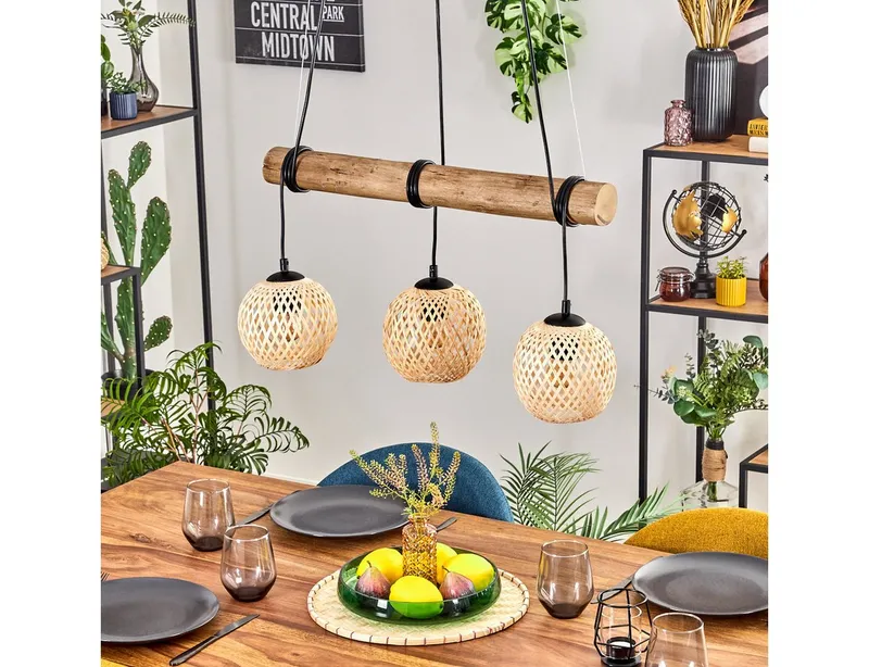 hofstein Pendelleuchte Hängelampe aus Metall/Holz/Bambus in Schwarz/Naturfarben, ohne Leuchtmittel, Hängeleuchte im Boho-Design mit Holzbalken, max 150 cm, 3 x E27, Beige, – Produktbild 2 von 5