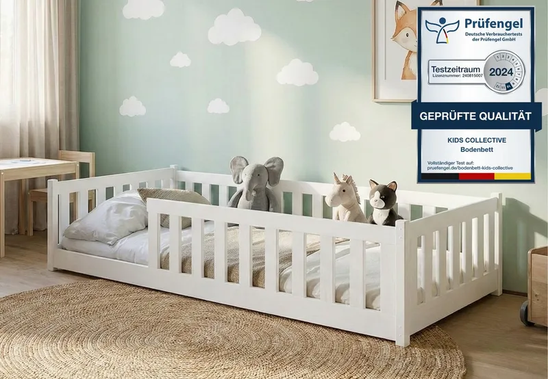 Kids Collective Kinderbett Bodenbett Bett mit Rausfallschutz & Lattenrost Montessori Bett Kinder (Jungen, Mädchen, Kinder, weitere Größen 80x180, 90x190, 90x200, 120x200, 140x200 cm), Jugendbett Gitterbett Einzelbett mit Matratze, Weiß 80x160 cm, Weiß, – Produktbild 2 von 5