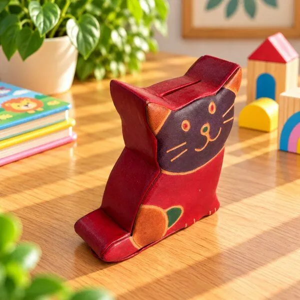 Janselo Sitzende Katze Kinder-Spardose aus Shanti-Leder in Rot – Produktbild 2 von 4