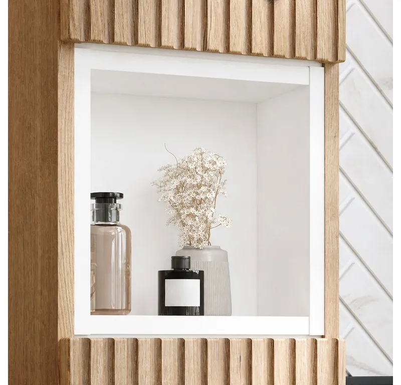 Lomadox Hochschrank NEWPORT-56-EVOKE Badschrank Eiche Rillen 30 cm Fach in Weiß grifflos Softclose Türen, Braun, – Produktbild 2 von 5