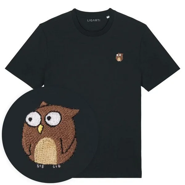 LIGARTI Besticktes T-Shirt – Eugen die Eule – LIGARTI Tiermanufaktur, Schwarz, – Produktbild 1 von 4