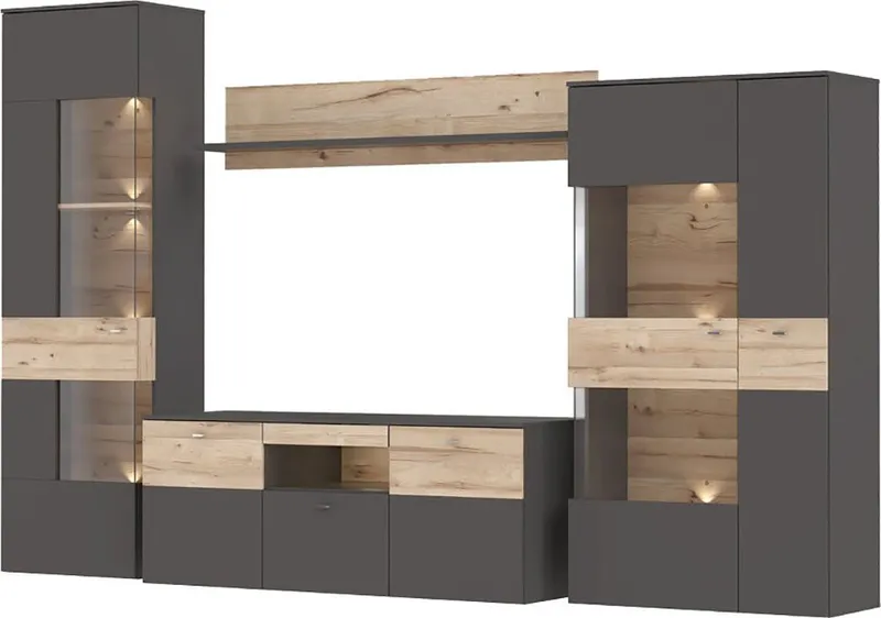 FORTE Wohnwand Como, (4-St., 2x Vitrinen, 1x Lowboard, 1x Wandregal), Korpus und Front matt, Grau, – Produktbild 2 von 5