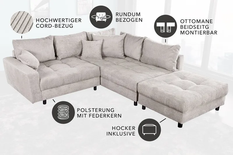 riess-ambiente Ecksofa KENT 220cm beige schwarz - Cord, L-Form, Federkern, FSC-zertifiziert, Einzelartikel 1 Teile, Moderne Wohnlandschaft inkl. Hocker - ideal für Wohnzimmer u. Familien, Beige, – Produktbild 5 von 5