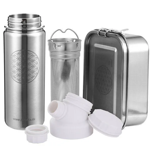 JN JuNiki's JN JuNiki's Set "Blume des Lebens": Lunchbox + 550ml Edelstahltrinkflasche + Teefilter, Weiß, – Produktbild 1 von 4