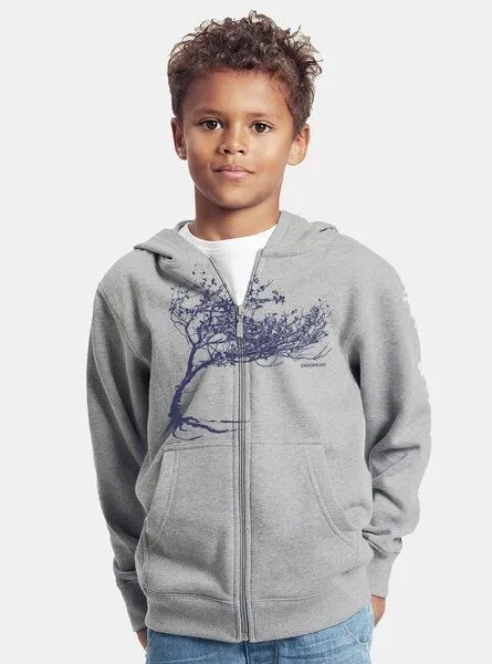 Peaces.bio - handbedruckte Biomode Peaces.bio - handbedruckte Biomode Kinder Zip-Hoodie Windy Tree, Hellgrau, – Produktbild 2 von 2