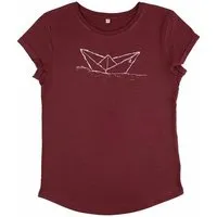 ilovemixtapes ilovemixtapes Paperboat Papierschiff Rolled Sleeve Damen T-Shirt aus Biobaumwolle, Burgundy (rot), – Produktbild 1 von 1