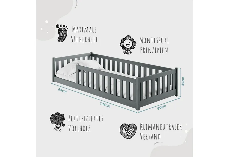 Kids Collective Kinderbett Bodenbett Bett mit Rausfallschutz & Lattenrost Montessori Bett Kinder (Jungen, Mädchen, Kinder, weitere Größen 80x160, 80x180, 90x190, 120x200, 140x200 cm), Jugendbett Gitterbett Einzelbett, Graphit Kiefer 90x200 cm, Grau, – Produktbild 3 von 5