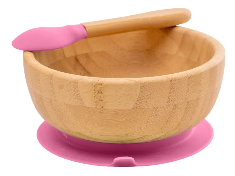 Bambuskind Bambuskind Kindergeschirr Schüssel mit Löffel und Saugnapf, aus Bambus Durchmesser 14 cm, 4,5 cm tief, Natur, lila, – Produktbild 1 von 3