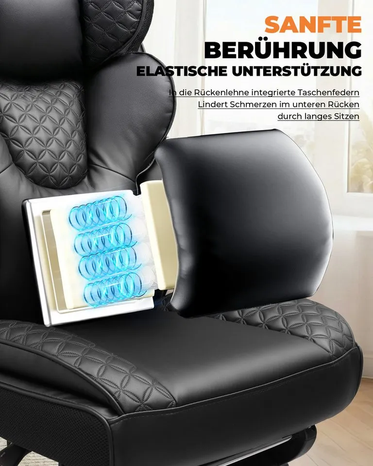 COMHOMA Gaming-Stuhl Ergonomischer Bürostuhl 180 kg, mit Lendenstütze & Fußstütze, 135° verstellbare Rückenlehne, hoher Chefsessel, Schwarz, – Produktbild 4 von 5