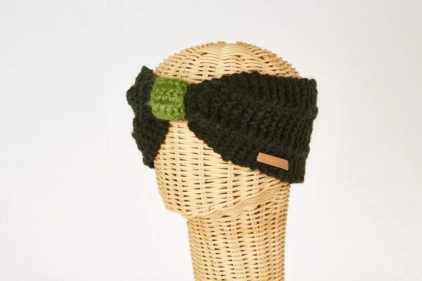 short'n'pietz short'n'pietz Schurwollstirnband zweifarbig mit Knoten, handgestrickt, Olivegrün hellgrün, – Produktbild 1 von 1