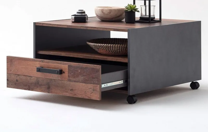 trendteam Couchtisch Indy (Tisch quadratisch, Used Wood und grau, auf Rollen), mit Schublade, Beige, – Produktbild 5 von 5