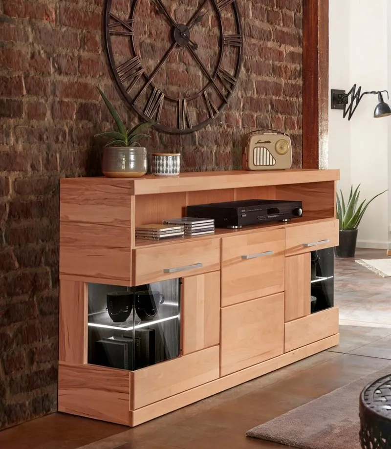 OTTO home Sideboard Ribe,130cm breit,Fronten Massivholz,2Türen mit gehärtetem Glaseinsatz, Korpus aus Holzwerkstoff, Metall Griffe,7 Fächer, Böden versetzbar, Braun, – Produktbild 2 von 8