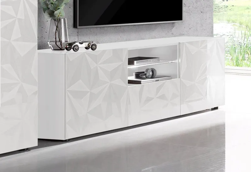 Home affaire Lowboard Prisma Breite 181 cm, TV-Board 2 Türen, 1 Schubkasten, TV-Schrank, Front mit elegantem Siebdruck, grifflos, viel Stauraum, Weiß, – Produktbild 3 von 5
