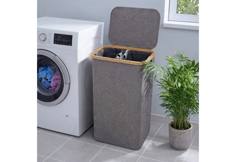 Björn&Schiller Wäschekorb Wäschesammler mit Deckel Oxford-Gewebe, robust und leicht, mit 2 Fächern, 100 L ideal für Badezimmer, Grau, – Produktbild 1 von 5