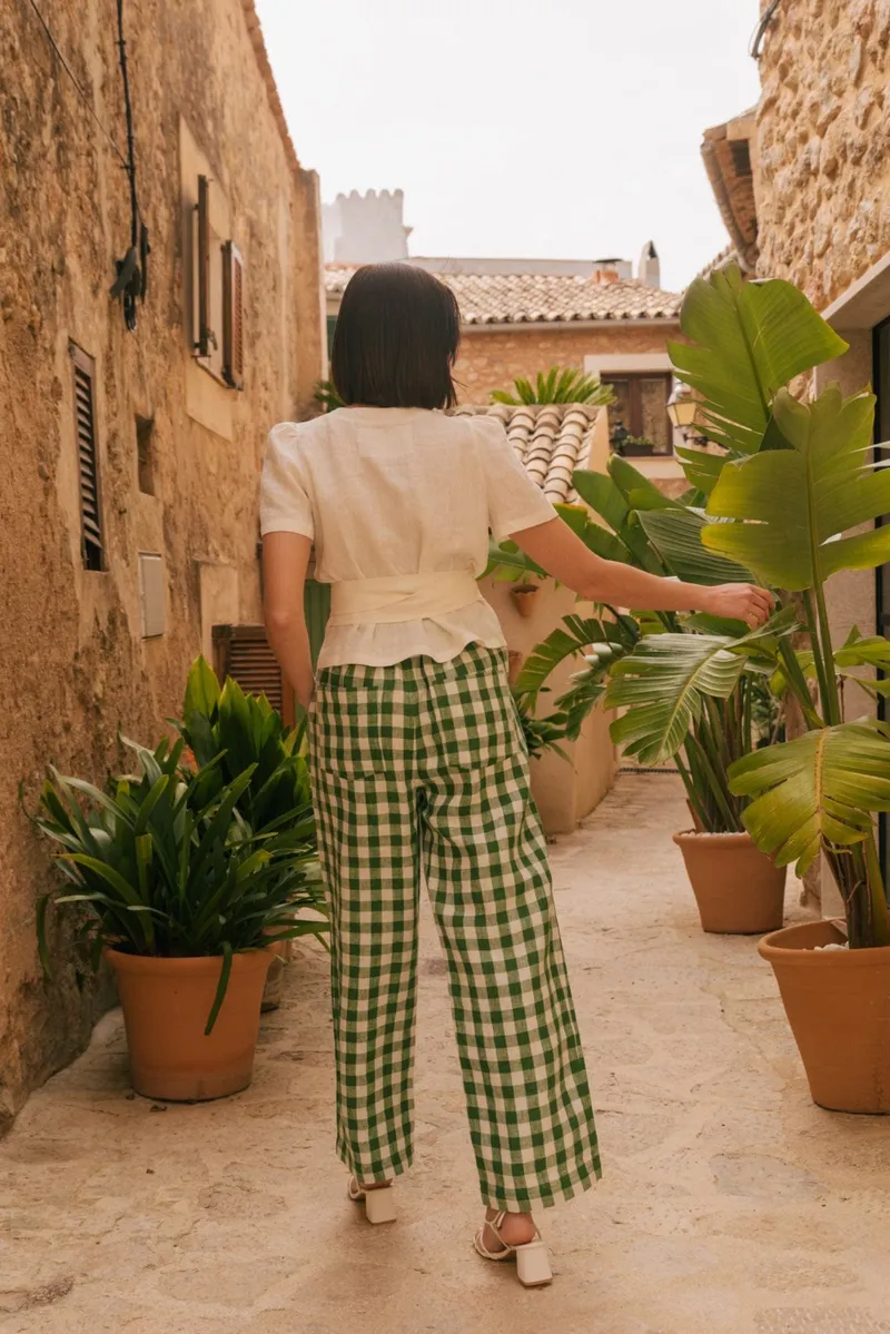 AmourLinen AmourLinen Damen vegan Hose Straight Barbora Grün Gingham, Grün, – Produktbild 1 von 2