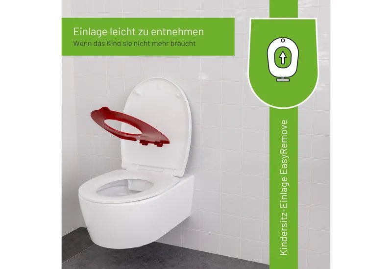 LUVETT Kinder-WC-Sitz C490 mit Kindersitz Softclose Magnetisch abnehmbar Duroplast O-Form (Komplett-Set, Kindersitz-Einlage), mit Original SoftClose® Absenkautomatik, Duroplast, Rot, – Produktbild 3 von 5